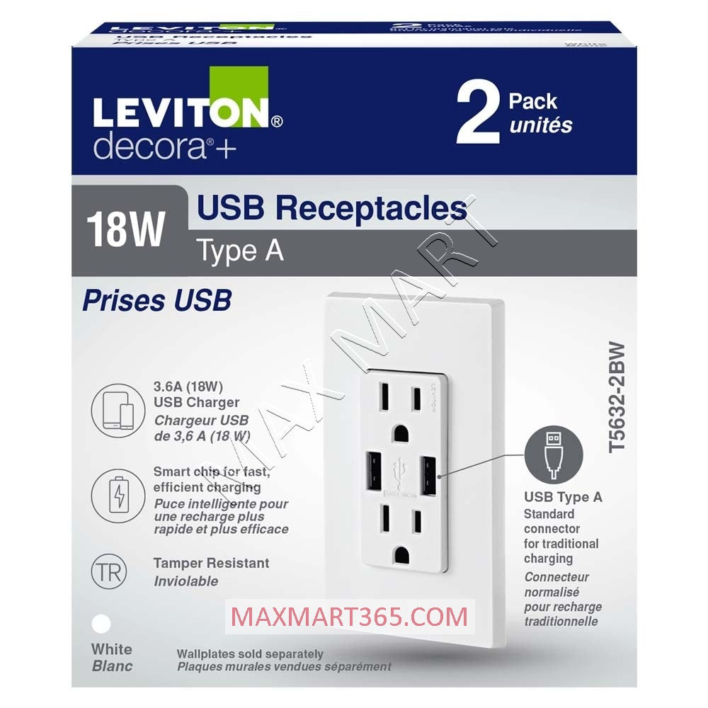 Leviton Decora+ 3.6A 18W USB-A/USBA Charger Receptacle Outlet Plug Type A (2-Pack) - White