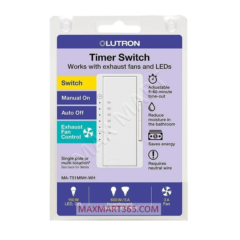 Lutron Maestro 5-Amps 600W Multi-Location/Single Pole 60-Minute Countdown Timer Switch, White MA-T51MNH