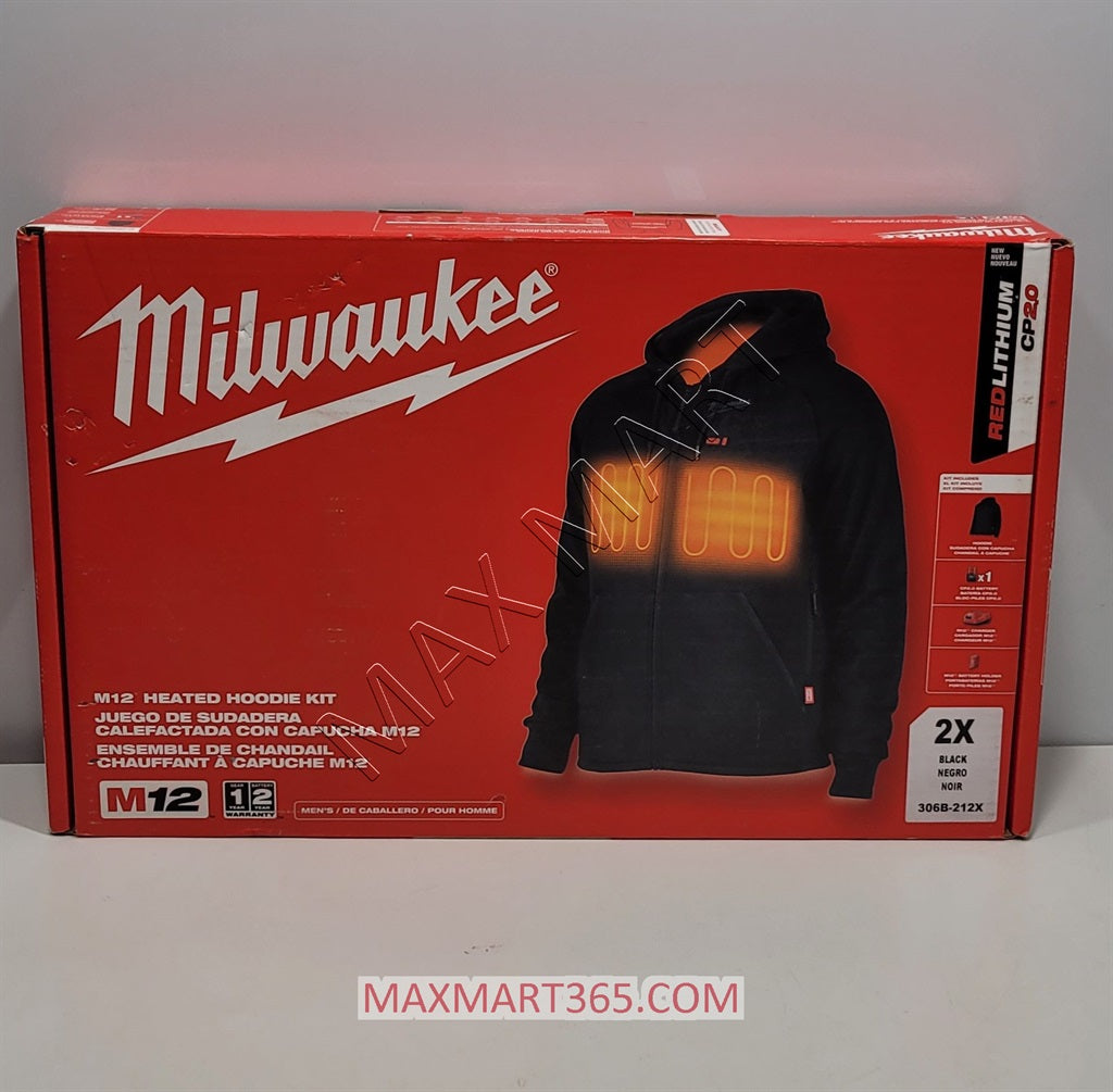 Milwaukee Men's M12 Black Heated Hooded Jacket 306B-212X - Size 2X $160-$200