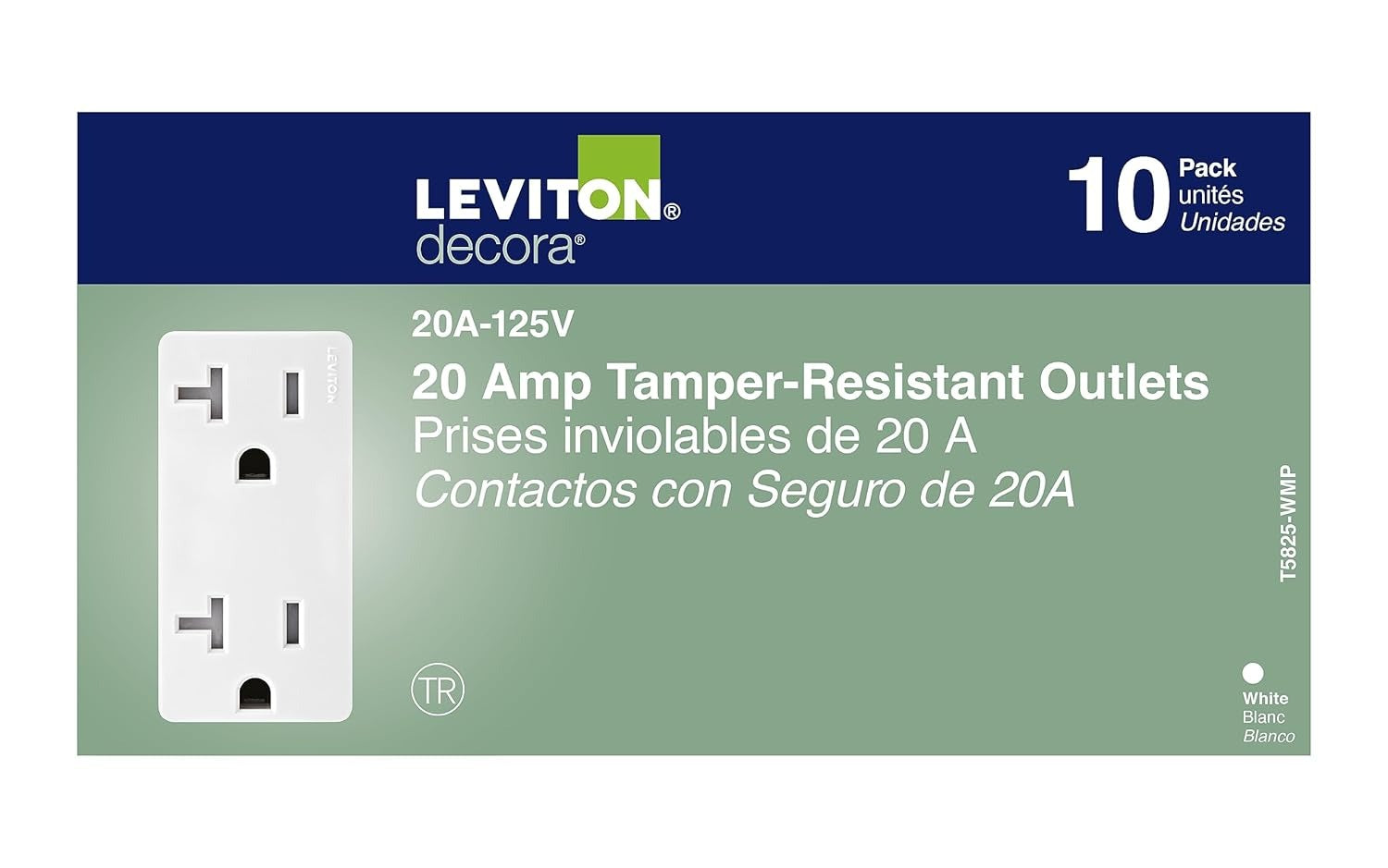 Leviton 20安培防篡改TR双联插座插座插头，白色T5825-W