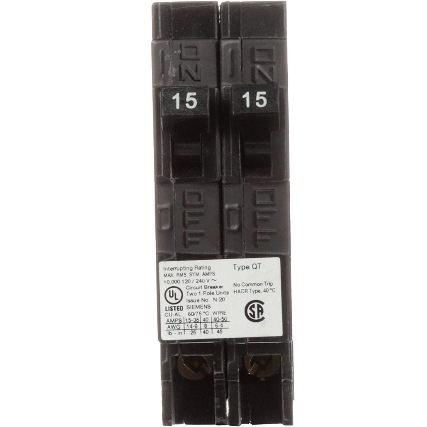 Siemens Q1515NC 15/15 Amp Single Pole Plug-In Tandem Circuit Breaker 120V