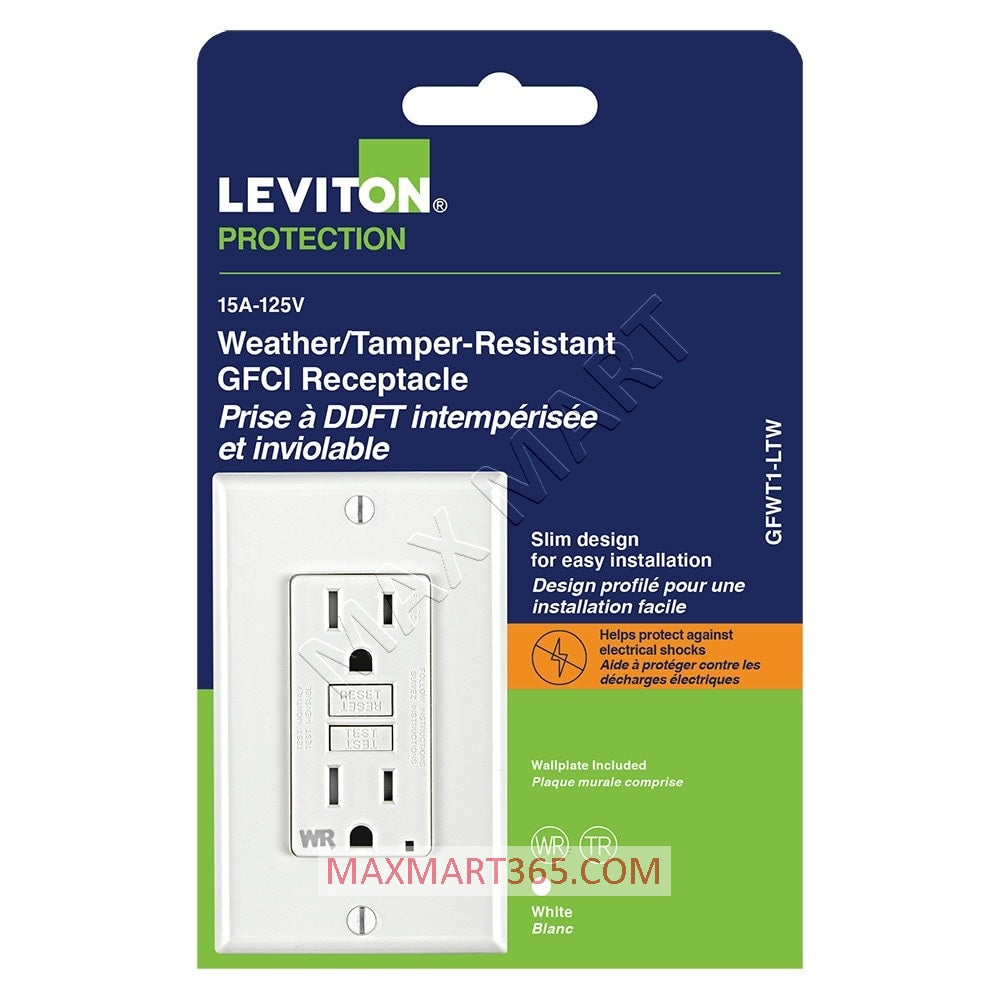 Leviton 15A Weather & Tamper-Resistant TR GFCI Receptacle Outlet Plug w/ Wall Plate GFWT1-W