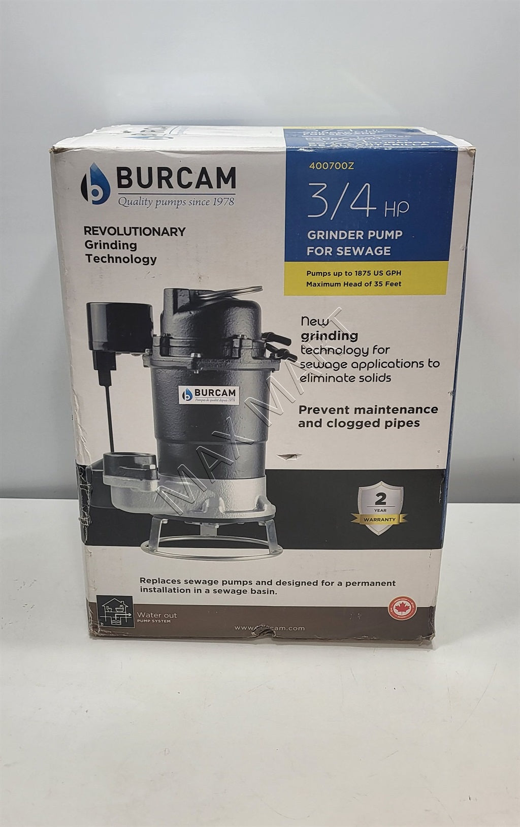 BURCAM 2-Step 3/4 HP Submersible Sewage Grinder Pump 400700