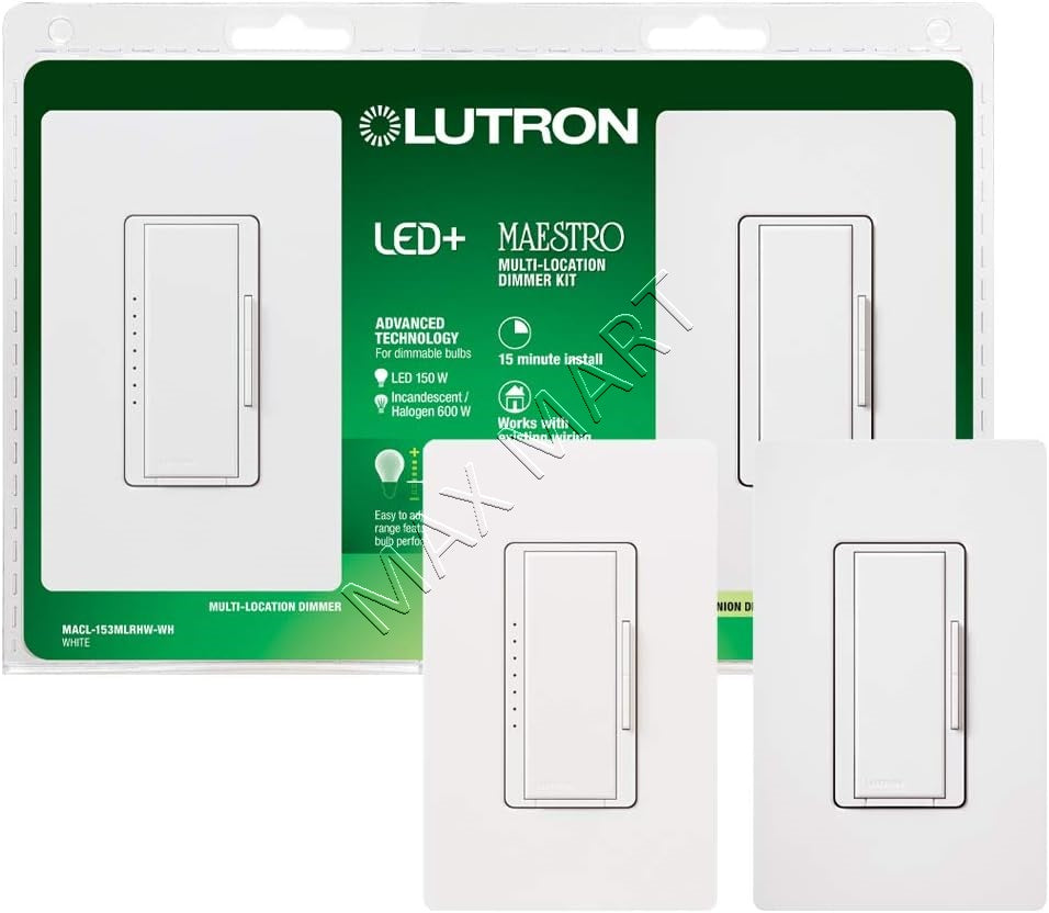 Lutron Maestro LED+ Dimmer 3-Way or Multi-Location Kit for Dimmable LED/HAL/INCAND Bulbs - White