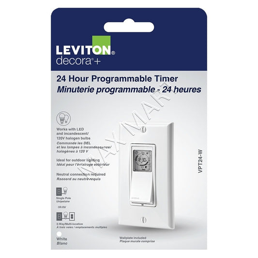 Leviton Decora Vizia 24 小时可编程定时器开关 VPT24-742 Vpt24-1P - 白色