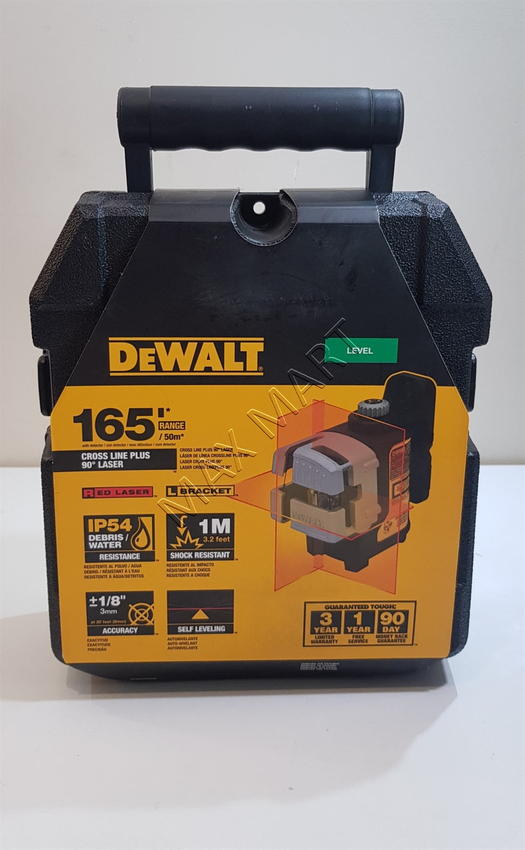 DEWALT 50 英尺和 165 英尺红色自动调平 3 光束十字线激光水平仪套件 DW089K DW089