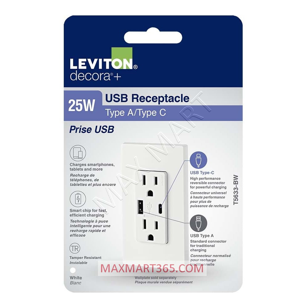 Leviton 5.1A 25W USB Type A/C Charger Receptacle Outlet Plug (2-Pack) - White T5633-W