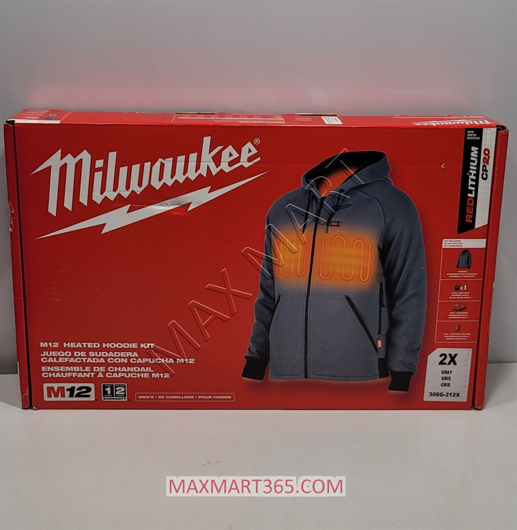 Milwaukee Men's M12 Gray Grey Heated Hooded Jacket 306G-212X - Size 2X $160-$200