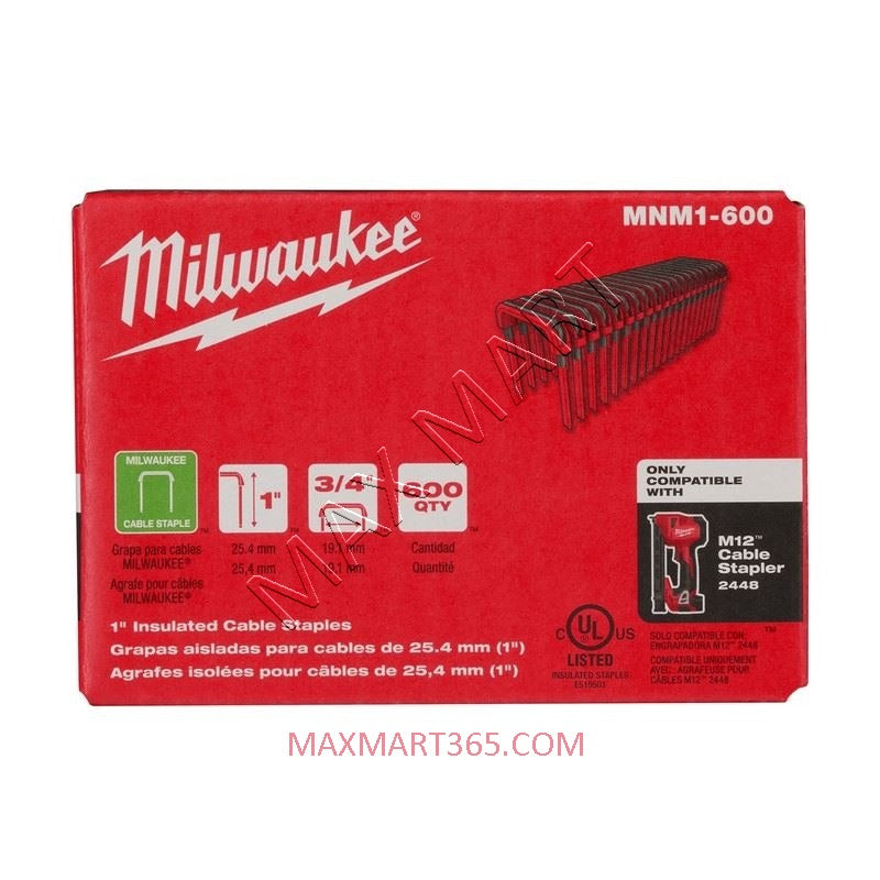 Milwaukee MNM1-600 1-inch Insulated Cable Staples for M12 Cable Stapler (600 Per Box)