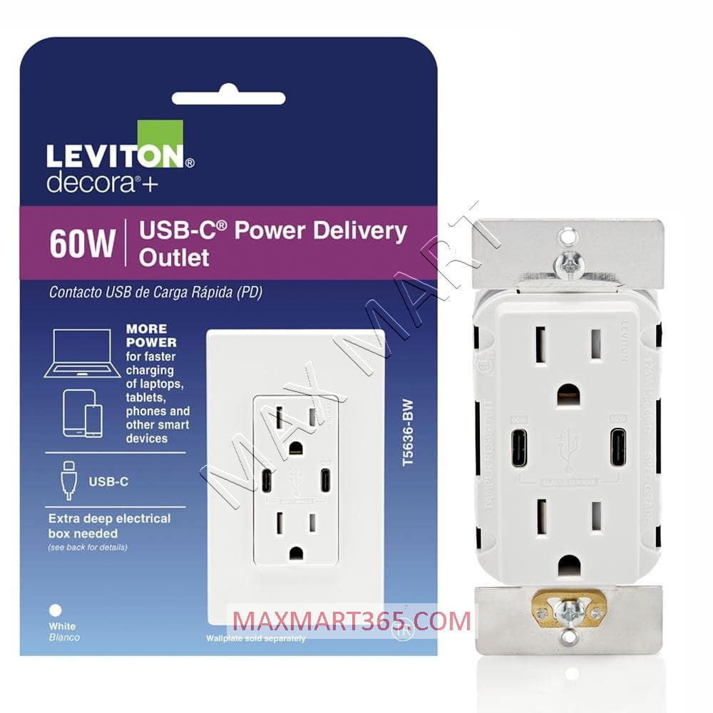Leviton Decora+ 15A 60W USB-C Type-C Tamper Resistant TR Receptacle Outlet w/ Power Delivery Charger - White T5636-W
