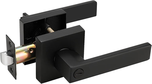 Square Door Lock Lockset for Bedroom Bathroom, Privacy Door Lever Handle - Matte Black