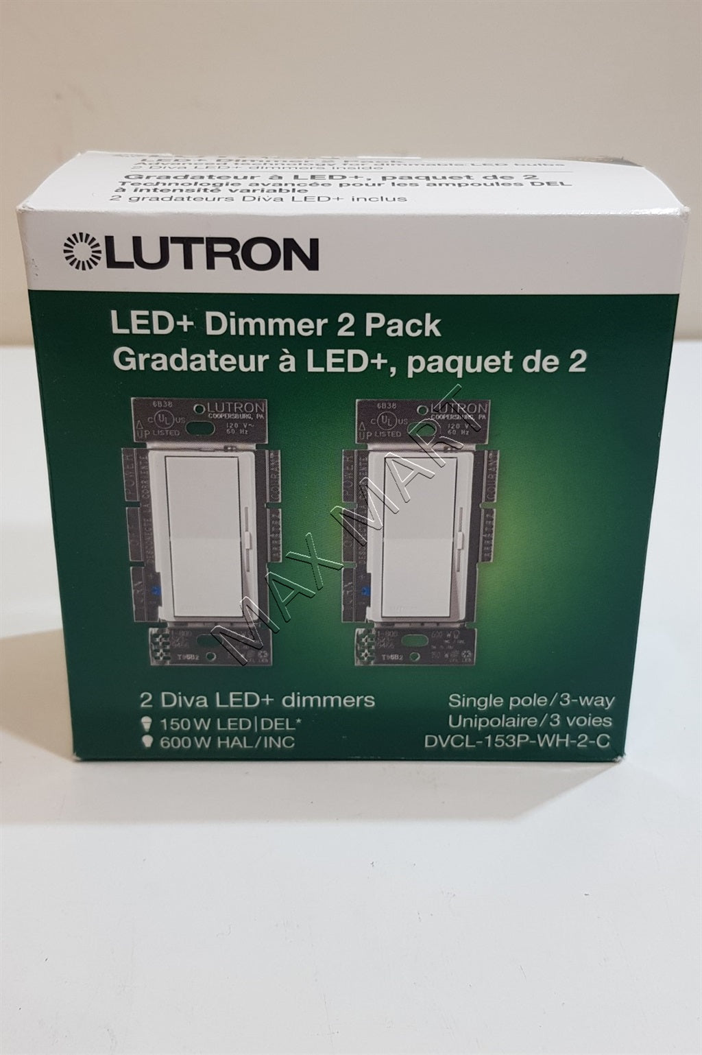 Lutron Diva LED+ 单极或 3 路调光开关，适用于可调光 LED/卤素灯/白炽灯（2 件装）DVCL-153P DVCL-153P-WH-2-C - 白色