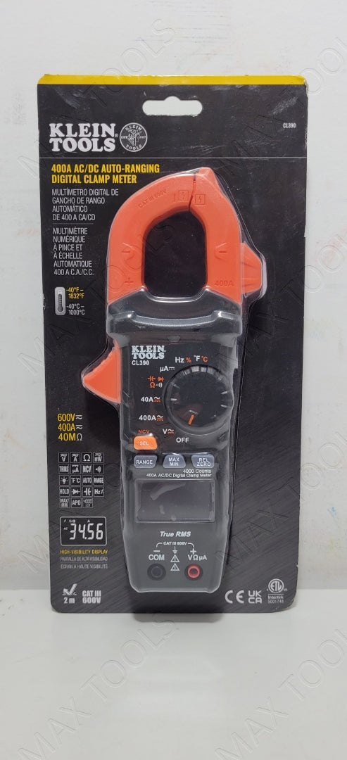 Klein Tools CL390 Digital Clamp Meter AC/DC Auto-Ranging 400 Amp