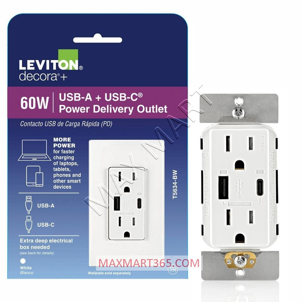 Leviton Decora+ 15A 60W USB-A & USB-C Tamper Resistant TR Receptacle Outlet w/ Power Delivery Charger - White T3634-W