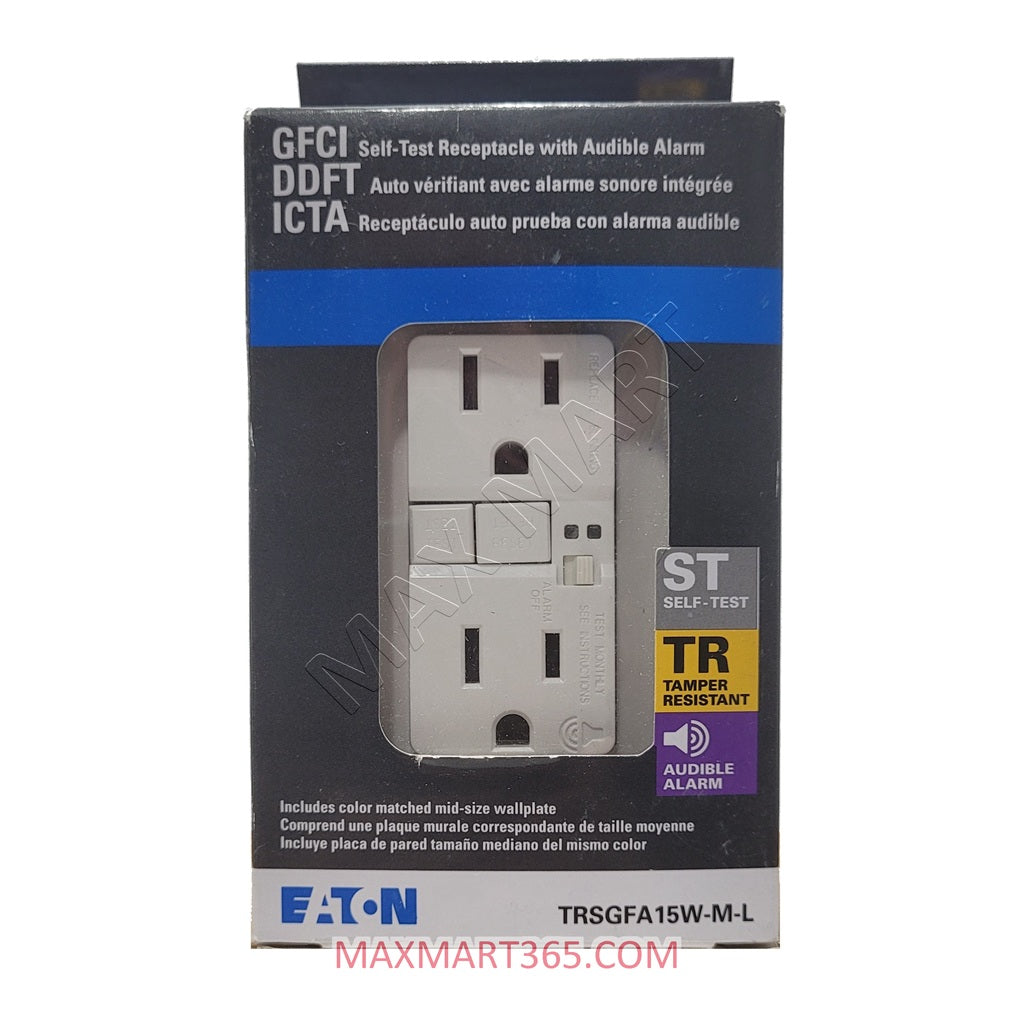 EATON ETN 15A 15Amp GFCI Tamper-Resistant TR Receptacle Outlet Plug w/ Audible alarm TRSGFA15W
