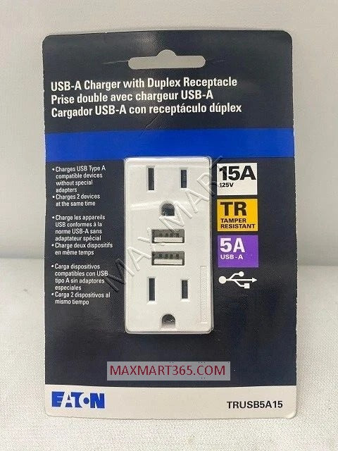 EATON ETN 15Amp Tamper-Resistant TR USBA Receptacle Outlet Plug TRUSBA15