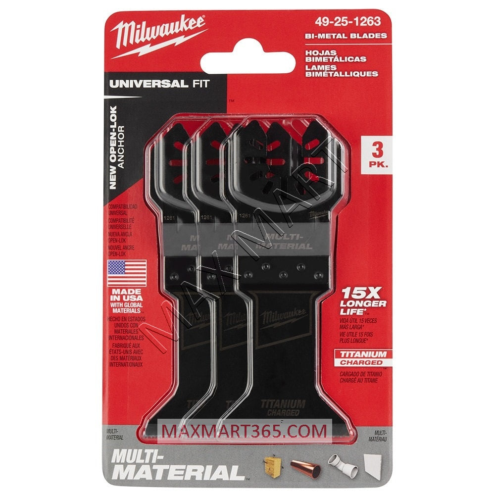 Milwaukee 49-25-1263 Titanium Bi-Metal Universal Fit Oscillating Metal Cutting Multi-Tool Blade Kit (3 Pack)