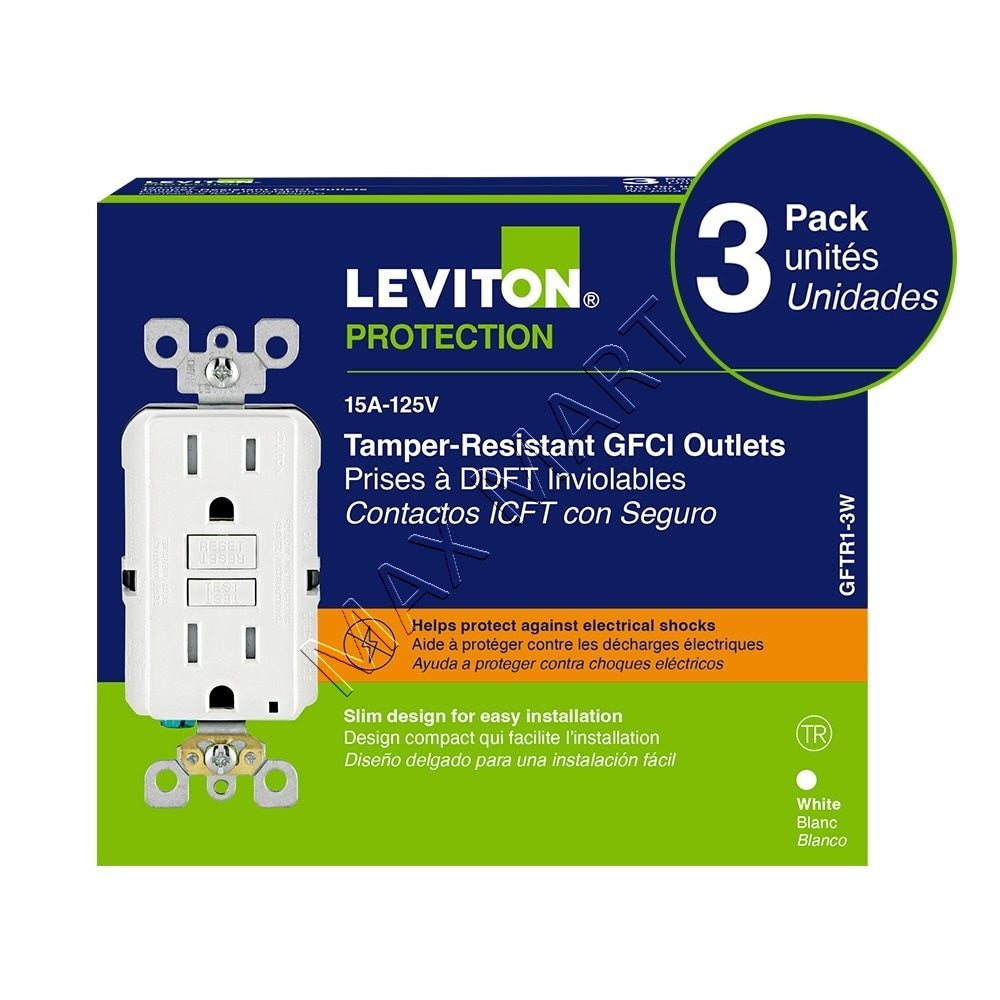 Leviton Decora 15A 15Amp Tamper-Resistant TR Slim GFCI Receptacle Outlet Plug 3-Pack GFTR1-M92 GFTR1-3W