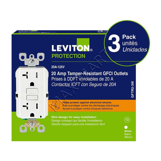 Leviton Decora 20A 20Amp Tamper-Resistant TR Slim GFCI Receptacle Outlet Plug 3-Pack GFTR2-M92 GFTR2-3W