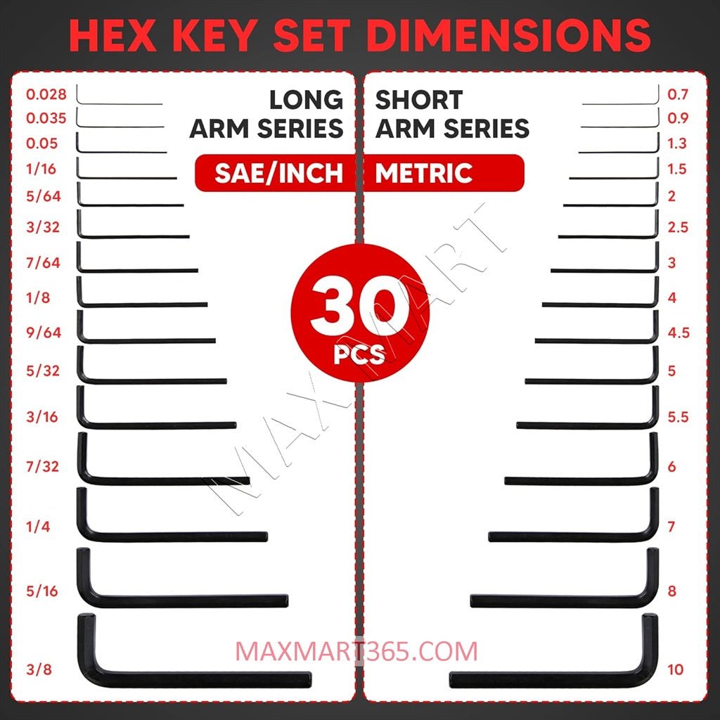 30-Piece Premium SAE & Metric Hex Key Allen Wrench Set with Precise and Chamfered Tip