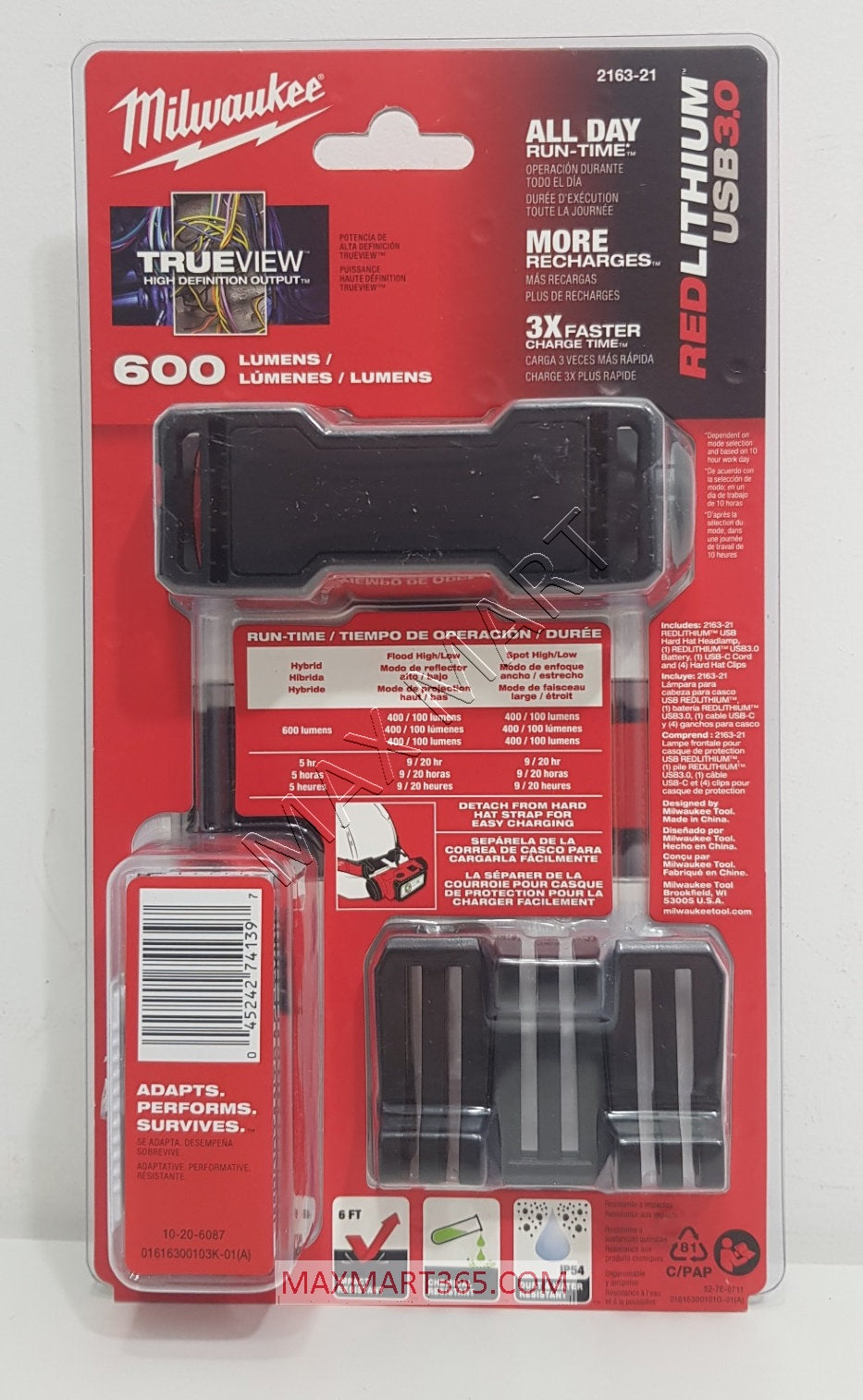 Milwaukee 2163-21 REDLTHIUM 600 Lumen USB Rechargeable Hard Hat Headlamp Headlight