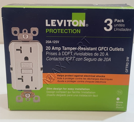 Leviton Decora 20A 20Amp 防篡改 TR 超薄 GFCI 插座插头 3 件装 GFTR2-M92 GFTR2-3W