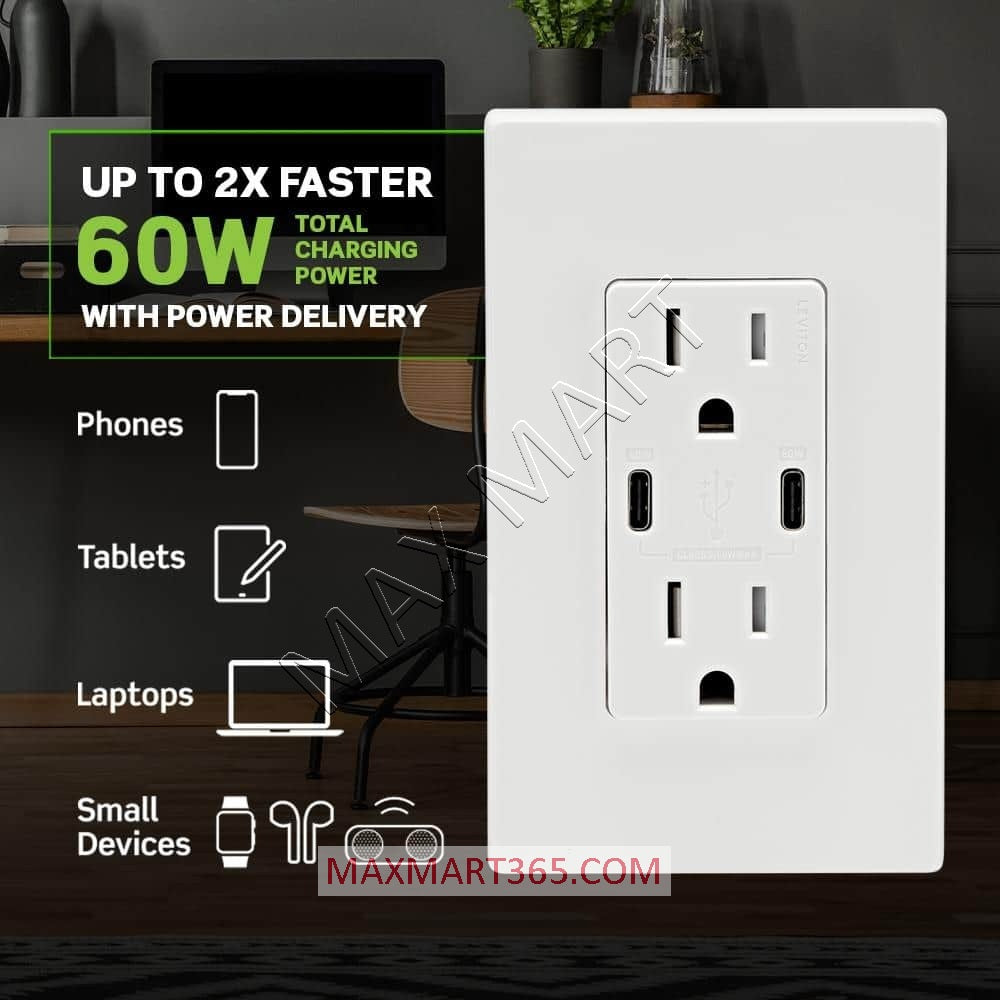Leviton Decora+ 15A 60W USB-C Type-C Tamper Resistant TR Receptacle Outlet w/ Power Delivery Charger - White T5636-W