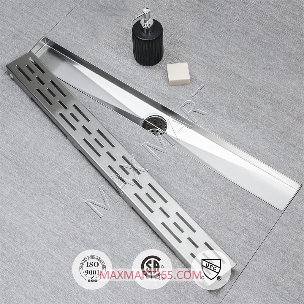 Linear Shower Drain with Removable Panel, Hair Strainer, Adjustable Leveling Feet - Stainless Steel (Drain Base Included)