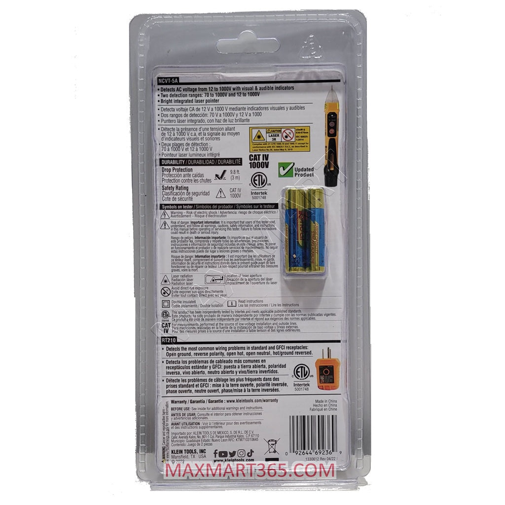 Klein Tools 非接触式电压测试仪，带激光指示器和 GFCI 插座测试工具套件 NCVT5KIT