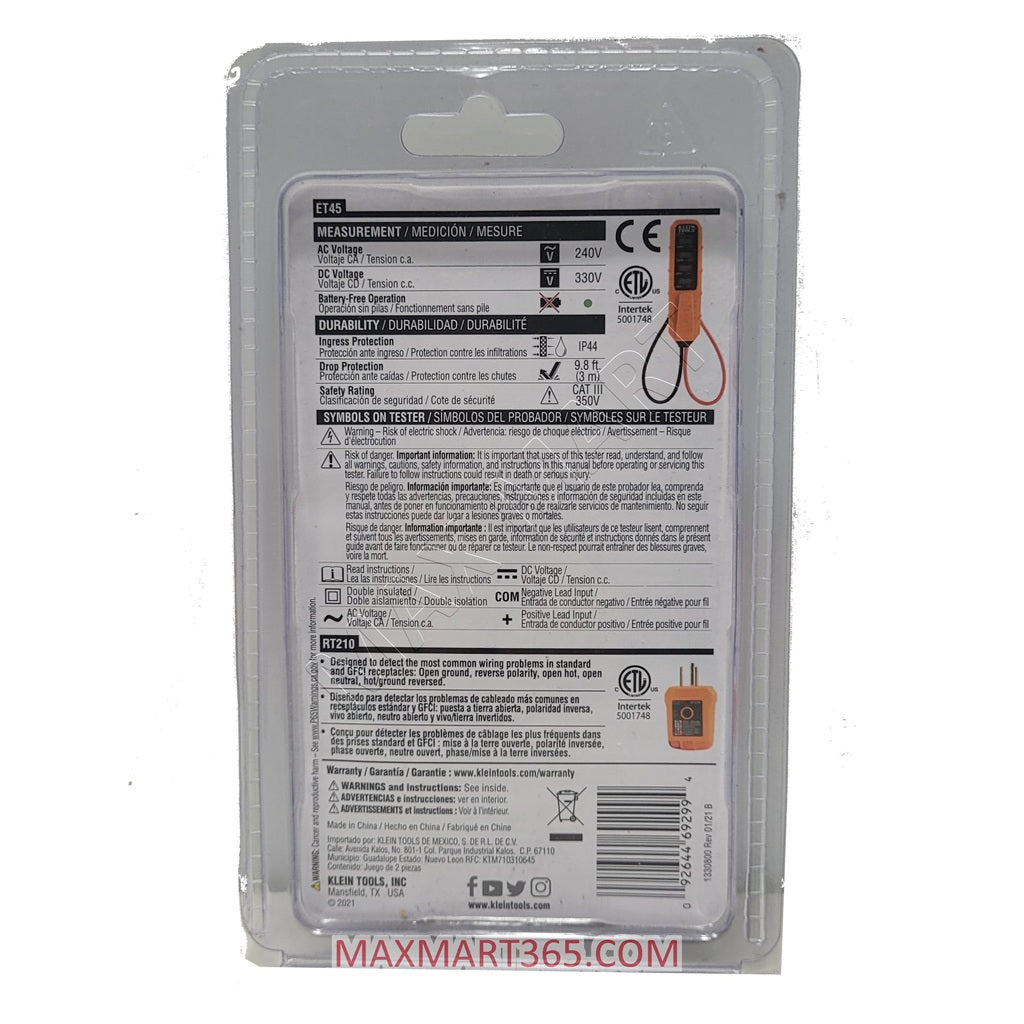 Klein Tools ET45VP Electrical Test Kit with GFCI Receptacle Outlet Tester and AC/DC Voltage Tester