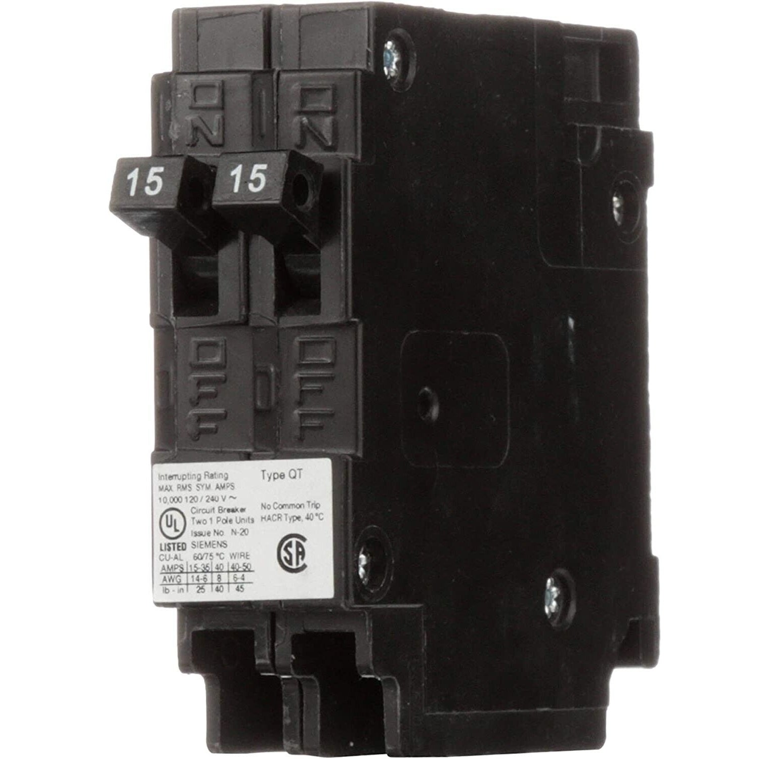 Siemens Q1515NC 15/15 Amp Single Pole Plug-In Tandem Circuit Breaker 120V