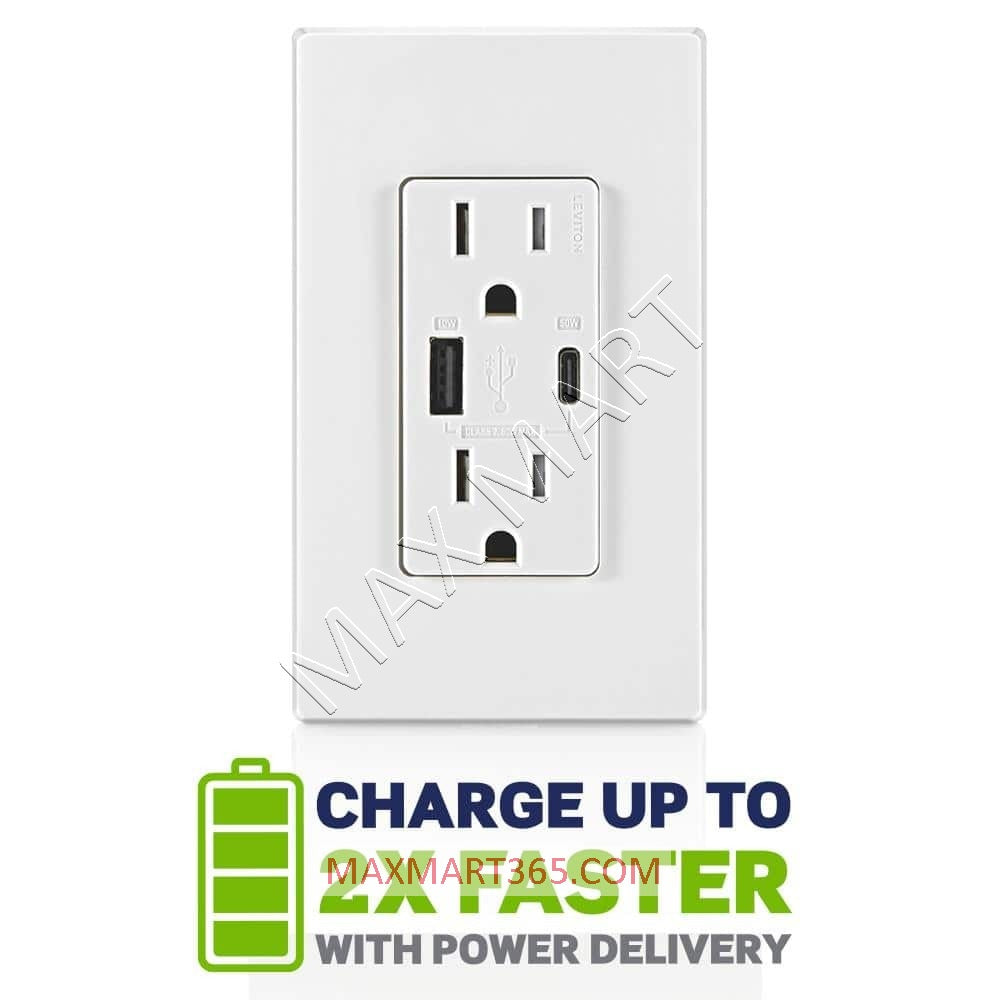 Leviton Decora+ 15A 60W USB-A & USB-C Tamper Resistant TR Receptacle Outlet w/ Power Delivery Charger - White T3634-W