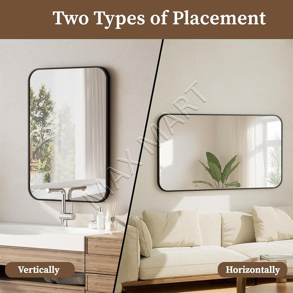 Rectangular Wall Mirror with Aluminum Alloy Frame, Modern Vanity Mirror for Bathroom, Bedroom or Entryway, Horizontal or Vertical Mount