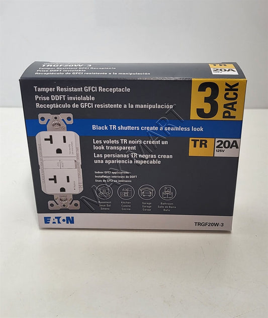 伊顿 20A 20Amp 超薄 GFCI 125V 防篡改 TR 插座插头 3 件装 TRGF20W-3-L