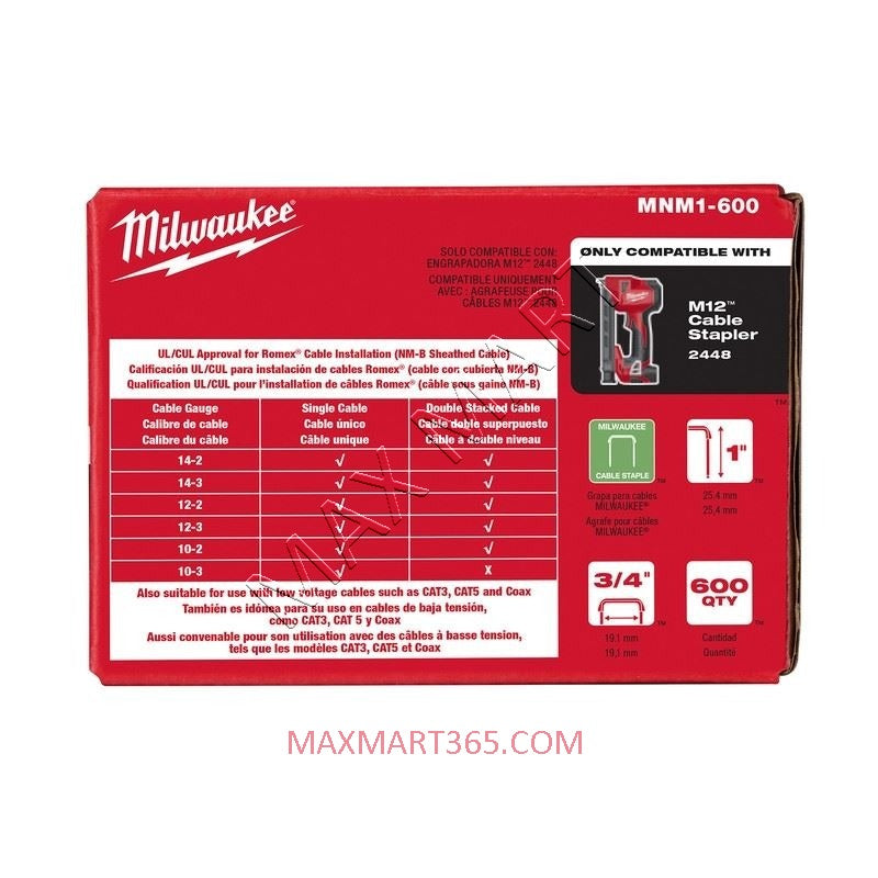 Milwaukee MNM1-600 1-inch Insulated Cable Staples for M12 Cable Stapler (600 Per Box)
