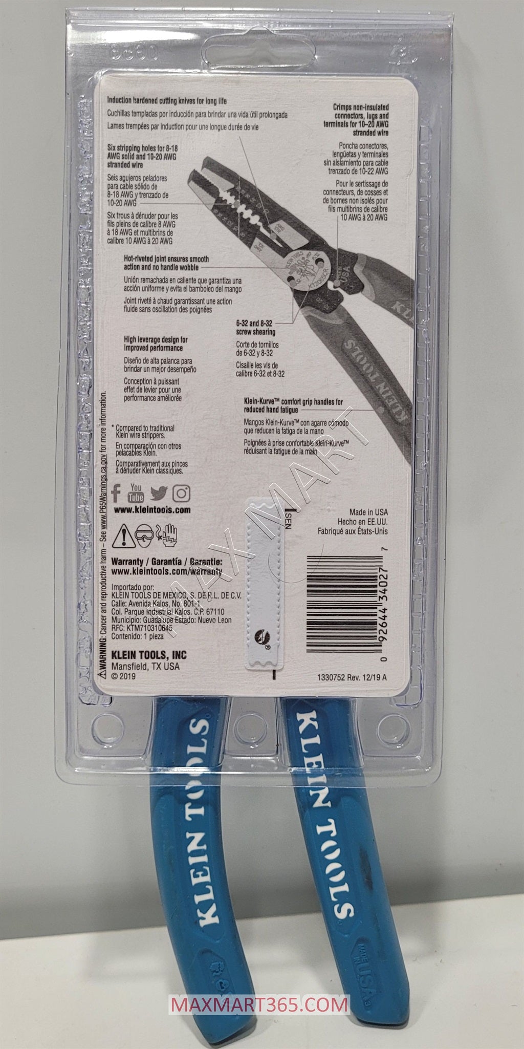 Klein Tools K12065CR Heavy-Duty Wire Stripper Cutter Crimper Tool for Cutting, Stripping, Crimping, Twisting 8-20 AWG (8-18 AWG Solid, 10-20 AWG Stranded)