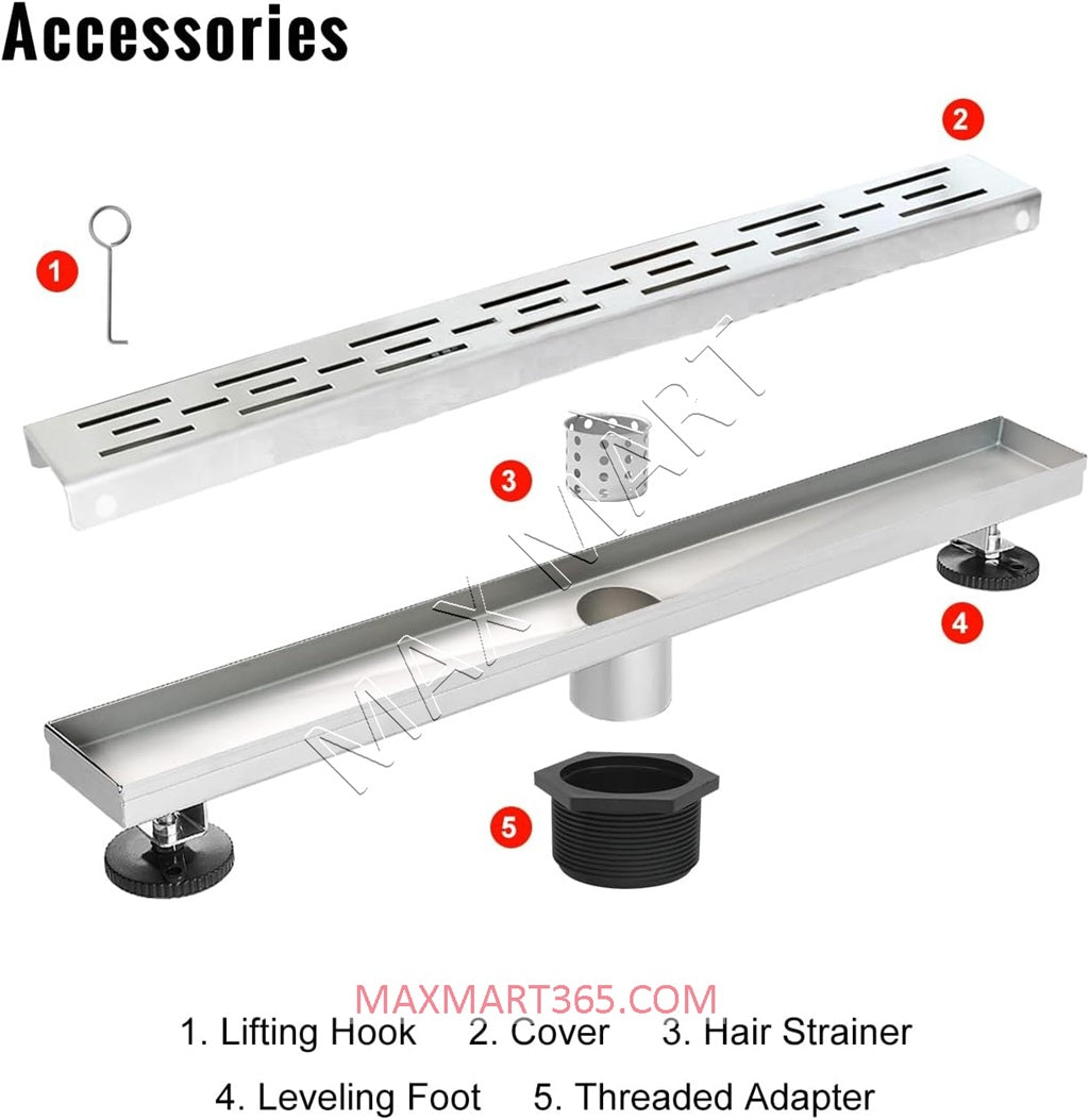Linear Shower Drain with Removable Panel, Hair Strainer, Adjustable Leveling Feet - Stainless Steel (Drain Base Included)