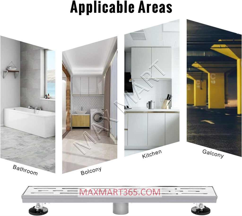 Linear Shower Drain with Removable Panel, Hair Strainer, Adjustable Leveling Feet - Stainless Steel (Drain Base Included)