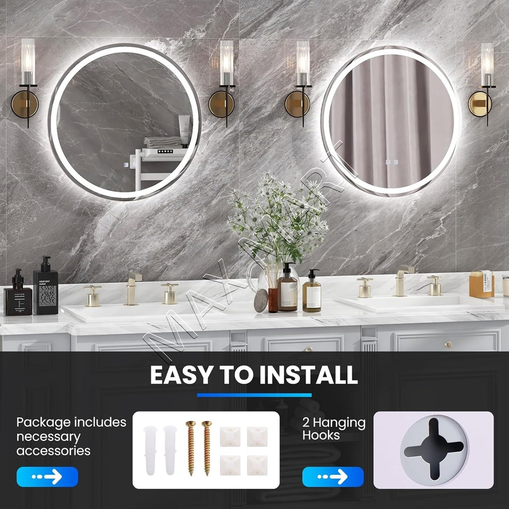 Round LED Bathroom Vanity Mirror with Backlit Lighting, Anti-Fog, Touch Sensor, Memory Function & 3 Color Temperature (Warm/Natural/White)