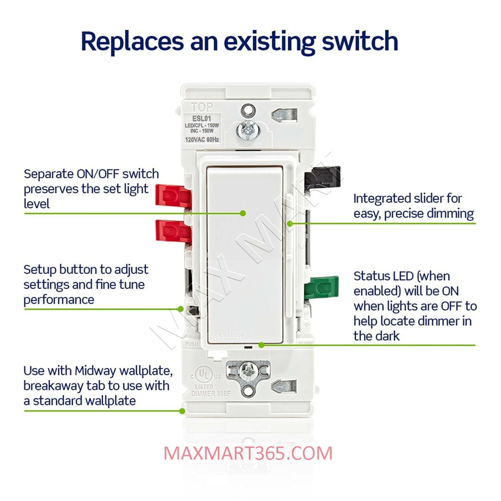 Leviton Decora Lever Edge Slide Dimmer Switch Single Pole or 3-Way ESL01