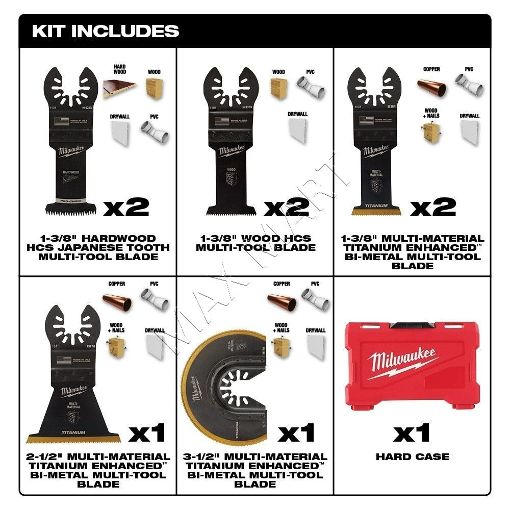 Milwaukee 49-10-9212 Oscillating Multi Tool Bi-Metal, Hardwood, and Wood Blade Kit with Case (8 Pack)