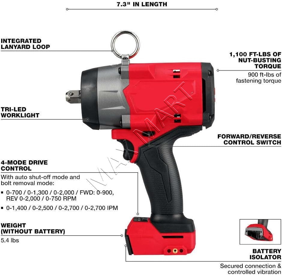 密尔沃基 2966-20 M18 FUEL 1/2 英寸高扭矩冲击扳手，带销式定位器（仅工具）