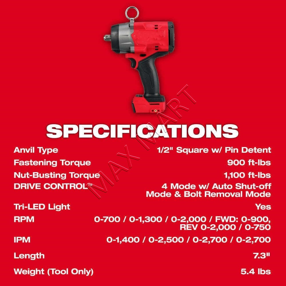 密尔沃基 2966-20 M18 FUEL 1/2 英寸高扭矩冲击扳手，带销式定位器（仅工具）