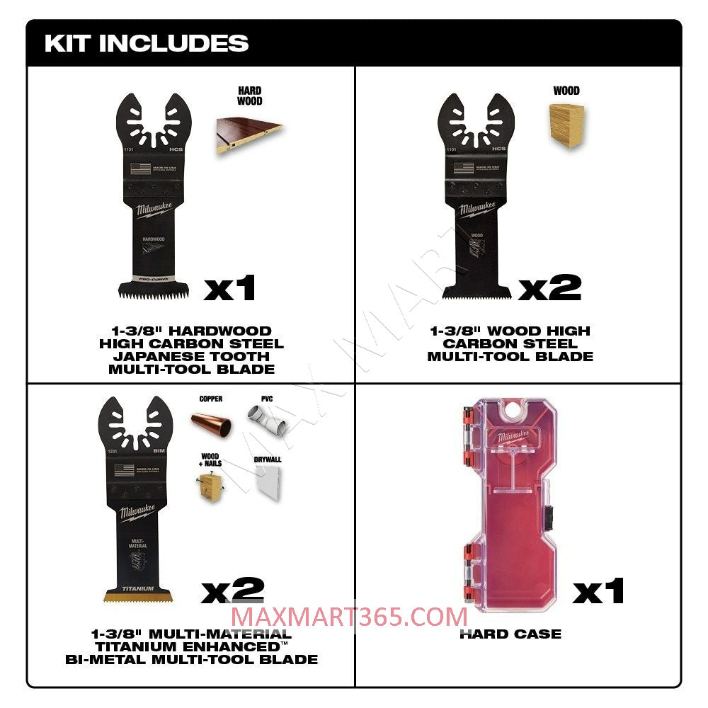 Milwaukee 49-10-9211 Oscillating Multi Tool Blade Kit - 5 Pieces, Multi-Material, Wood, Hardwood