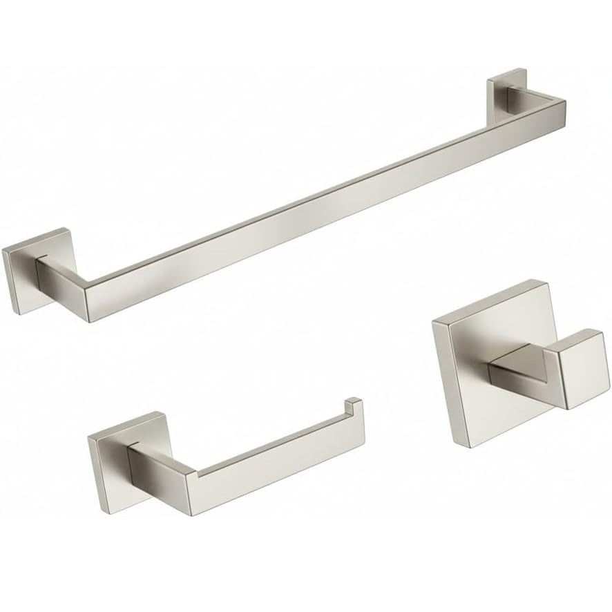 24-Inch 3-Pieces Square Towel Rack Kit Set for Bathroom, Towel Bar, Toilet Paper Holder, and Towel Robe Hook
