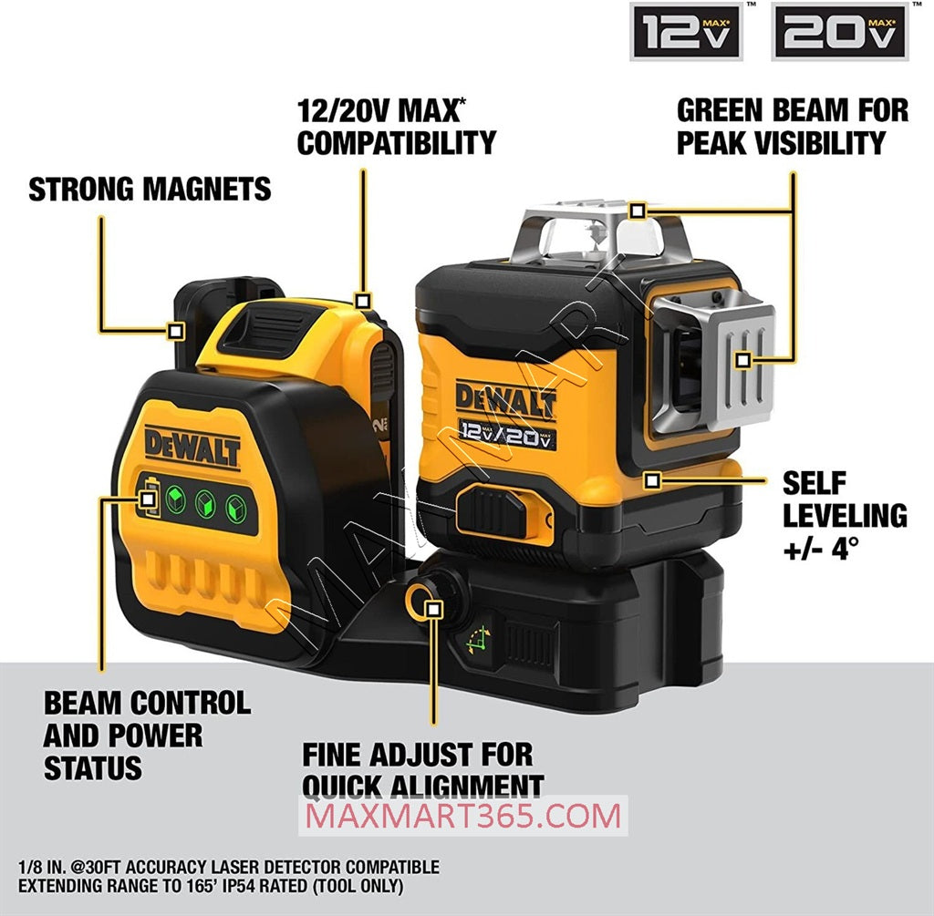 DEWALT 20V MAX 3 X 360 绿色激光指示器（带硬质工具箱）DCLE34030GB（仅工具）