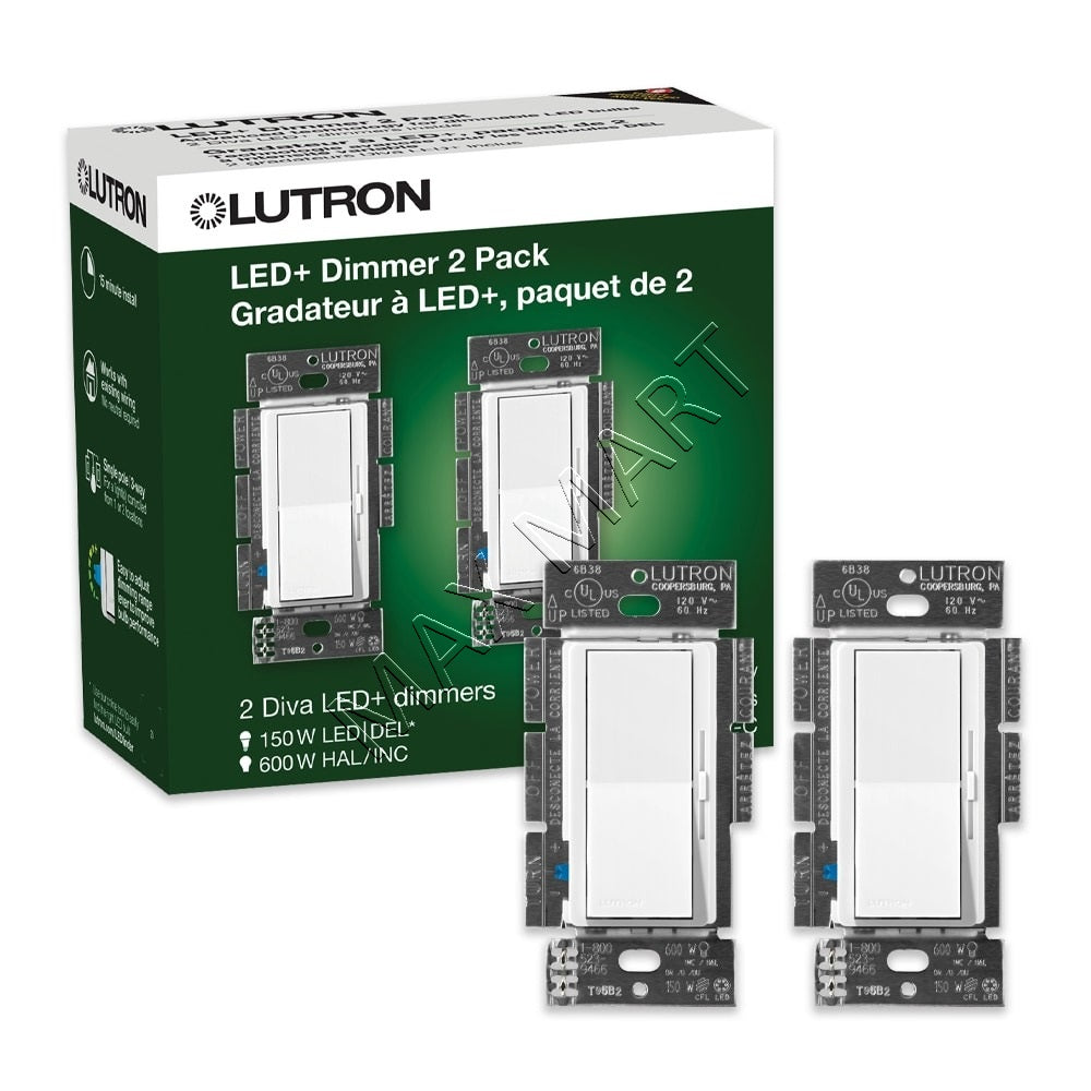 Lutron Diva LED+ 单极或 3 路调光开关，适用于可调光 LED/卤素灯/白炽灯（2 件装）DVCL-153P DVCL-153P-WH-2-C - 白色