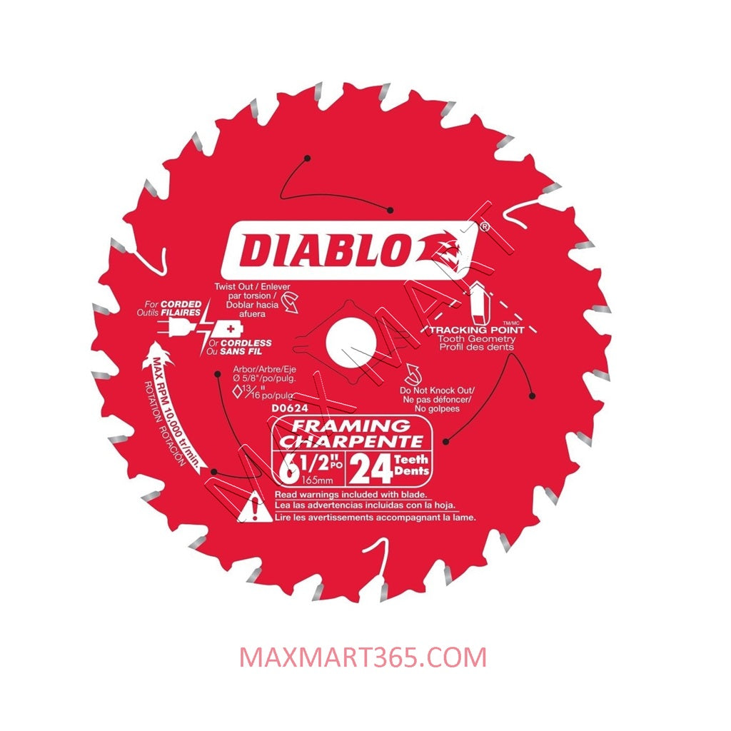 Diablo 6-1/2-inch x 24 Tooth 24T Carbide Tipped Framing Circular/Trim Saw Blade for Wood Cutting D0624R