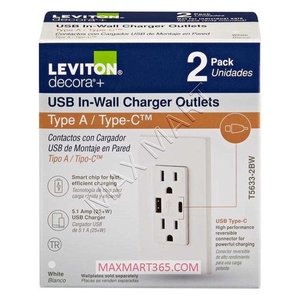 Leviton Decora+ 5.1A 25W USB-A/USBA/USB-C/USBC Charger Receptacle Outlet Plug Type A/Type-C (2-Pack) - White