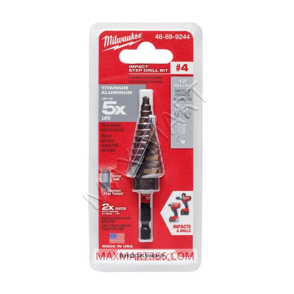 Milwaukee SHOCKWAVE #4 Impact-Rated Titanium Step Drill Bit 3/16-inch - 7/8-inch(12-Steps) 48-89-9244